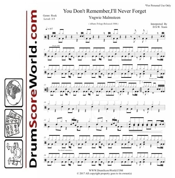 Yngwie Malmsteen - You Don't Remember, I'll Never Forget - Drum Sheet